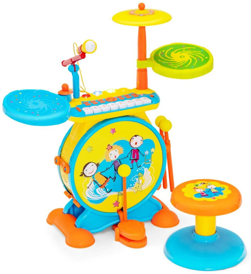 Gymax Kids Electronic Drum & Keyboard Set 2-in-1 Roll Jazz Drum Kit w/ Stool