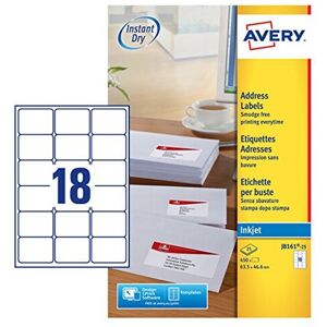Avery J8161-25 Self-Adhesive Address/Mailing Labels, 18 labels per A4 sheet Avery J8161-25 Self-Adhesive Address/Mailing Labels, 18 labels per A4 sheet