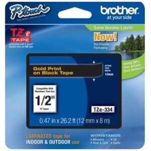 Brother TZE334 TZe Standard Adhesive Laminated Labeling Tape 1/2w Gold on Blac Brother TZE334 TZe Standard Adhesive Laminated Labeling Tape 1/2w Gold on Blac