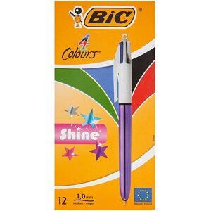 BIC 4 Colours Shine Ballpoint Pens - Metallic Purple Body, Box of 12 BIC 4 Colours Shine Ballpoint Pens - Metallic Purple Body, Box of 12