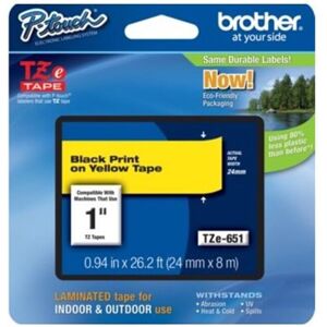 Brother TZe Standard Adhesive Laminated Labeling Tape 1w Black on Yellow Brother TZe Standard Adhesive Laminated Labeling Tape 1w Black on Yellow