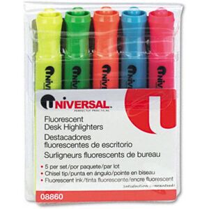 Universal Desk Highlighter- Chisel Tip- Fluorescent Colors- 5/Set Universal Desk Highlighter- Chisel Tip- Fluorescent Colors- 5/Set