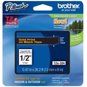 Brother TZe Standard Adhesive Laminated Labeling Tape 1/2w Gold on Black Brother TZe Standard Adhesive Laminated Labeling Tape 1/2w Gold on Black