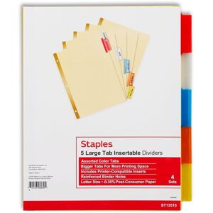 Staples 431421 Big Tab Insertable Paper Dividers 5-Tab Buff 4 Sets/PK Staples 431421 Big Tab Insertable Paper Dividers 5-Tab Buff 4 Sets/PK