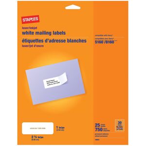Staples White Mailing Labels for Laser & Inkjet Printers 1"""" x 2-5/8"""" 750/Box Staples White Mailing Labels for Laser & Inkjet Printers 1"""" x 2-5/8"""" 750/Box