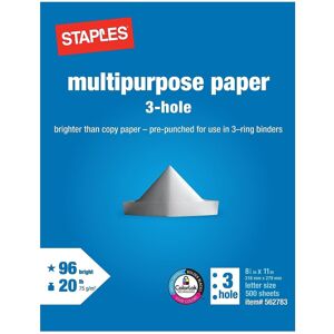 Staples Multipurpose Paper 8 1/2 x 11 3-Hole Punched Ream Staples Multipurpose Paper 8 1/2 x 11 3-Hole Punched Ream