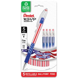 Pentel RSVP Ballpoint Pen (0.7mm) Fine Line Flag Barrel Black Ink 5 Pack Pentel RSVP Ballpoint Pen (0.7mm) Fine Line Flag Barrel Black Ink 5 Pack