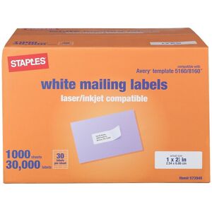 Staples 573946 Laser/Inkjet Address Labels 1-Inch H x 2 5/8-Inch W White 30 Labe Staples 573946 Laser/Inkjet Address Labels 1-Inch H x 2 5/8-Inch W White 30 Labe