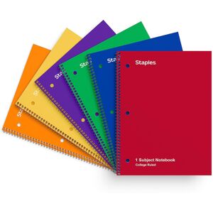 STAPLES 1-Subject Spiral Notebook, 8” x 10.5”, College Ruled, 70 Sheets, Assorte STAPLES 1-Subject Spiral Notebook, 8” x 10.5”, College Ruled, 70 Sheets, Assorte
