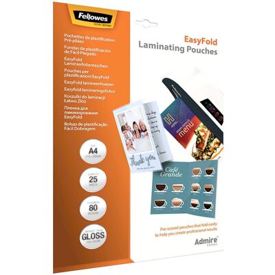 Fellowes 5601901 Admire A4 80Mic Easyfold Pouch 25pk Fellowes 5601901 Admire A4 80Mic Easyfold Pouch 25pk