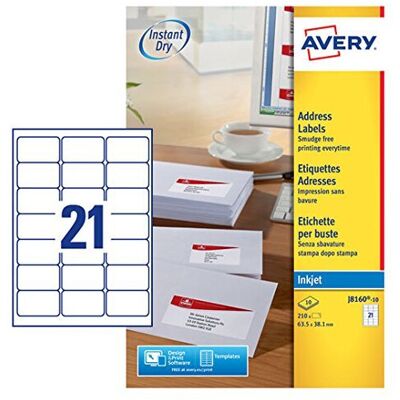 Avery J8160-10 Self-Adhesive Address/Mailing Labels, 21 Labels per A4 Sheet Avery J8160-10 Self-Adhesive Address/Mailing Labels, 21 Labels per A4 Sheet