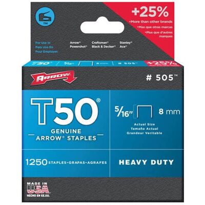 Arrow T50 Staples 5/16 in (8mm) - 1250 Pack A50524 Arrow T50 Staples 5/16 in (8mm) - 1250 Pack A50524