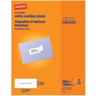 Staples 479884 Laser/Inkjet Address Labels 1-Inch x 2-5/8-Inch White 30 Labels/S Staples 479884 Laser/Inkjet Address Labels 1-Inch x 2-5/8-Inch White 30 Labels/S