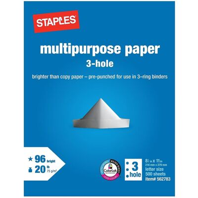 Staples Multipurpose Paper 8 1/2 x 11 3-Hole Punched Ream Staples Multipurpose Paper 8 1/2 x 11 3-Hole Punched Ream