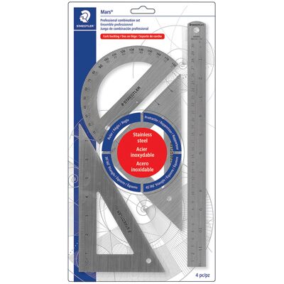 Staedtler Stainless Steel Math Set with Ruler 2 Triangles Protractor 4 piece Staedtler Stainless Steel Math Set with Ruler 2 Triangles Protractor 4 piece
