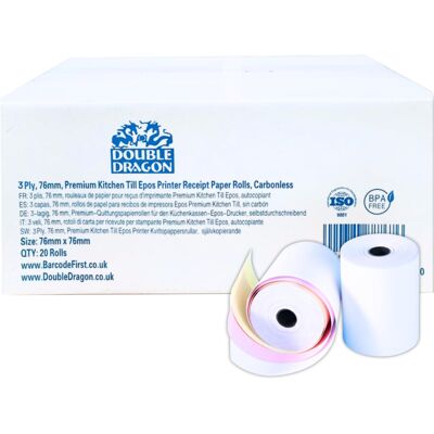 Double Dragon 76 x 76 mm, 3-Ply Carbonless Paper Roll for Kitchen Printer, Print Double Dragon 76 x 76 mm, 3-Ply Carbonless Paper Roll for Kitchen Printer, Print