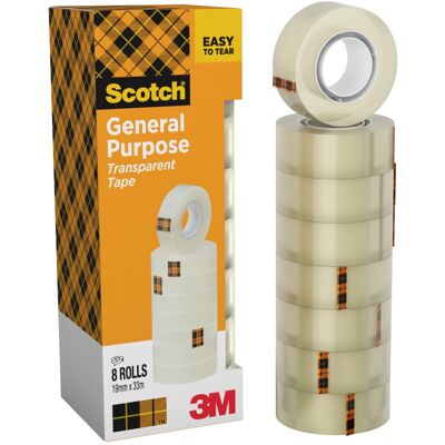Scotch Transparent Tape, 8 Rolls (19 mm x 33 m) - General Purpose Clear Tape for Scotch Transparent Tape, 8 Rolls (19 mm x 33 m) - General Purpose Clear Tape for