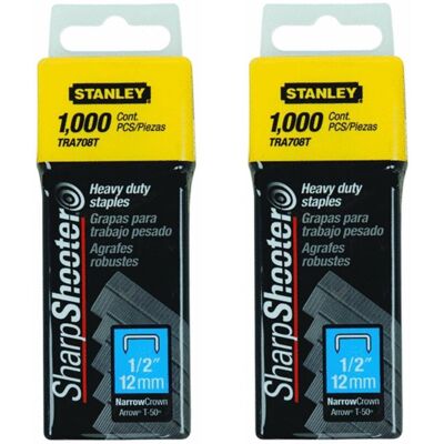 Stanley TRA708T Sharpshooter 1,000 1/2" 12MM steel narrow crown staples T-50 (2 Pack) Stanley TRA708T Sharpshooter 1,000 1/2" 12MM steel narrow crown staples T-50 (2 Pack)