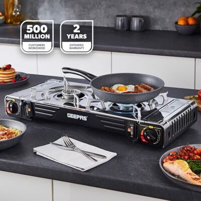 (Double Burner) Geepas Portable Camping Gas Stove Double Burner BBQ Cooker Outdo (Double Burner) Geepas Portable Camping Gas Stove Double Burner BBQ Cooker Outdo