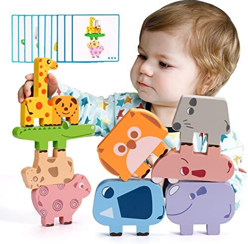 KmmiFF Toddler Toys for 2 3 4 Year Old Boy Girl Gifts,Wooden Building Blocks Animal Sta