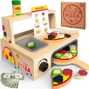 WOODMAM Wooden Pizza Counter Play Set Top & Bake Toy Set with Pizza Cutter 49 PCS Preten WOODMAM Wooden Pizza Counter Play Set Top & Bake Toy Set with Pizza Cutter 49 PCS Preten