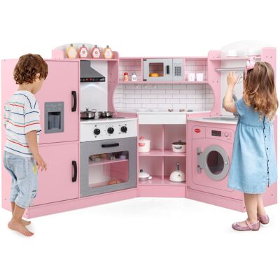 Costway Corner Play Kitchen Toddler Kitchen Playset With Range Hood-Pink Costway Corner Play Kitchen Toddler Kitchen Playset With Range Hood-Pink