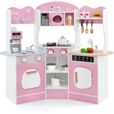 Costway Corner Wooden Play Kitchen Toddler Kitchen Playset With Sounds-Pink Costway Corner Wooden Play Kitchen Toddler Kitchen Playset With Sounds-Pink