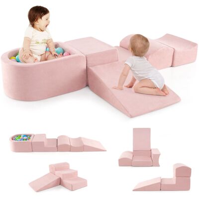 Costway 5-Piece Climb and Crawl Playset Soft Climbing Blocks with Ball Pit Pink Costway 5-Piece Climb and Crawl Playset Soft Climbing Blocks with Ball Pit Pink
