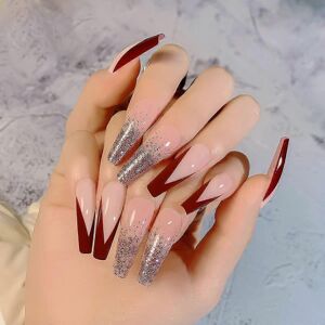 konhill (As show, One size) 24PCS French Press on Nails Long Coffin Fake Nails with Desi konhill (As show, One size) 24PCS French Press on Nails Long Coffin Fake Nails with Desi