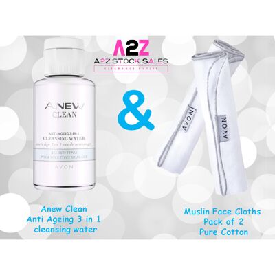 Avon Anew Clean Anti-Ageing 3 in 1 Cleansing Water & 2 Cotton Muslin Cloths Avon Anew Clean Anti-Ageing 3 in 1 Cleansing Water & 2 Cotton Muslin Cloths