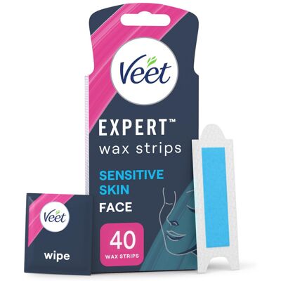Veet Expert Facial Wax Strips for Women, 40 Count + 4 Finish Wipes, Sensitive Sk Veet Expert Facial Wax Strips for Women, 40 Count + 4 Finish Wipes, Sensitive Sk