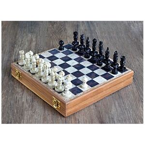 StonKraft White & Black Marble Chess on Wooden Base + Stone Chess Pieces Pawns - Collectib StonKraft White & Black Marble Chess on Wooden Base + Stone Chess Pieces Pawns - Collectib