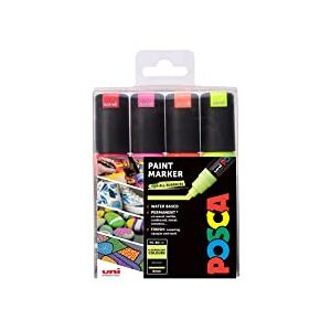 Posca PC-8K Water Based Permanent Marker Fluorescent Paint Pens. Broad Chisel Tip for Arts and Crafts. Multi Surface Use On Wood Metal Paper Canvas Cardboard Glass Fabric Ceramic Pebble. Set of 4 Posca PC-8K Water Based Permanent Marker Fluorescent Paint Pens. Broad Chisel Tip for Arts and Crafts. Multi Surface Use On Wood Metal Paper Canvas Cardboard Glass Fabric Ceramic Pebble. Set of 4
