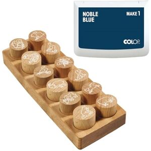 COLOP Woodies Wooden Stamp Set Farm Animals with 12 Motifs, Recognition and Motivation Stamp Made of Beechwood, Print Size: Diameter 29 mm, Includes 1 Stamp Pad, Black Blue, 50 x 90 mm COLOP Woodies Wooden Stamp Set Farm Animals with 12 Motifs, Recognition and Motivation Stamp Made of Beechwood, Print Size: Diameter 29 mm, Includes 1 Stamp Pad, Black Blue, 50 x 90 mm