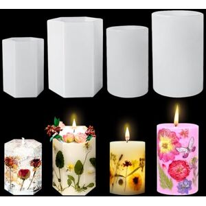 Koonafy 4Pcs Candle Resin Molds, Cylinder Holder Silicone Moulds, Pillar Can Epoxy Molds, Hexagon Wax Casting Molds, Candle Mould Cylinder for DIY Soap, Art Craft, Candlelight Dinner