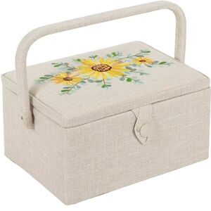 Hobby Gift Exclusive Medium Sewing Craft Hobby Storage Box, Accessories Tray Pin Cushion Pocket PVC Handle Embroidered Lid 18.5 x 25.5 x 14.5cm, Sunflower Hobby Gift Exclusive Medium Sewing Craft Hobby Storage Box, Accessories Tray Pin Cushion Pocket PVC Handle Embroidered Lid 18.5 x 25.5 x 14.5cm, Sunflower