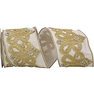 Reliant Ribbon Corp Reliant Ribbon Dupoine Regal Jewel Scroll Trim Embroidery Wired Edge Ribbon, Polyester, Ivory, 4 Inch X 5 Yards Reliant Ribbon Corp Reliant Ribbon Dupoine Regal Jewel Scroll Trim Embroidery Wired Edge Ribbon, Polyester, Ivory, 4 Inch X 5 Yards