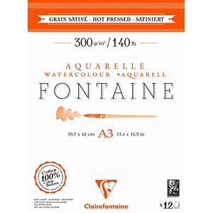 Clairefontaine 975951C Fontaine 2-Sided Glued Pad 12 Sheets of 100% Cotton White Watercolour Paper, Satin Finish, Professional Quality, A3 29.7x42 cm, 300g Clairefontaine 975951C Fontaine 2-Sided Glued Pad 12 Sheets of 100% Cotton White Watercolour Paper, Satin Finish, Professional Quality, A3 29.7x42 cm, 300g