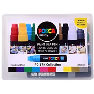 Posca PC-17K Permanent Marker Paint Pens. Broad Chisel Tip for Art & Crafts. Multi Surface Use On Wood Metal Paper Canvas Cardboard Glass Fabric Ceramic Rock Pebble Stone Porcelain. Set of 10 Colours Posca PC-17K Permanent Marker Paint Pens. Broad Chisel Tip for Art & Crafts. Multi Surface Use On Wood Metal Paper Canvas Cardboard Glass Fabric Ceramic Rock Pebble Stone Porcelain. Set of 10 Colours