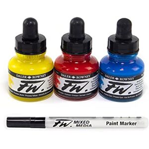 Daler Rowney Daler-Rowney FW Starter Ink Set, 3 x 29.5ml Bottles & 1 FW Mixed Media Marker, Acrylic Based Ink, Assorted Colours, For Professional Artists & Students Daler Rowney Daler-Rowney FW Starter Ink Set, 3 x 29.5ml Bottles & 1 FW Mixed Media Marker, Acrylic Based Ink, Assorted Colours, For Professional Artists & Students