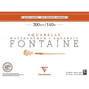 Clairefontaine Ref 96351C Fontaine Hot Pressed Watercolour Glued Pad (12 Sheets) 30 x 40cm Size, 300gsm Paper Suitable for Watercolour Artwork Clairefontaine Ref 96351C Fontaine Hot Pressed Watercolour Glued Pad (12 Sheets) 30 x 40cm Size, 300gsm Paper Suitable for Watercolour Artwork