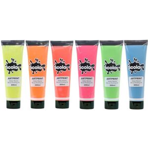 scola Water Based Block Printing Paints, 6 Assorted Fluorescent Colours, 300ml Bottles, Arts & Crafts Projects, For Primary Schools and Children scola Water Based Block Printing Paints, 6 Assorted Fluorescent Colours, 300ml Bottles, Arts & Crafts Projects, For Primary Schools and Children