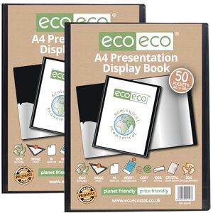 eco-eco A4 Size 50% Recycled 50 Pocket Black Presentation Display Book, Storage Case Portfolio Art Folder with Plastic Sleeves, Pack of 2, eco197x2 eco-eco A4 Size 50% Recycled 50 Pocket Black Presentation Display Book, Storage Case Portfolio Art Folder with Plastic Sleeves, Pack of 2, eco197x2