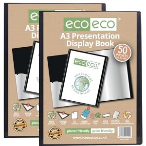eco-eco A3 Size 50% Recycled 50 Pocket Black Presentation Display Book, Storage Case Portfolio Art Folder with Plastic Sleeves, Pack of 2, eco199x2 eco-eco A3 Size 50% Recycled 50 Pocket Black Presentation Display Book, Storage Case Portfolio Art Folder with Plastic Sleeves, Pack of 2, eco199x2