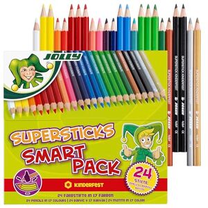 Jolly Supersticks Smart Pack, 24 Colouring Pencils, Child Resistant, Shatterproof Lead, Bright Colours, for School, Double and Triple Colours, Pen Box, Painting, Drawing, School Supplies, Variety of Jolly Supersticks Smart Pack, 24 Colouring Pencils, Child Resistant, Shatterproof Lead, Bright Colours, for School, Double and Triple Colours, Pen Box, Painting, Drawing, School Supplies, Variety of
