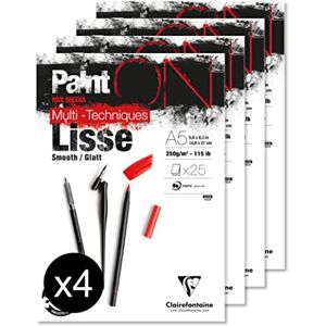 Clairefontaine 975728C A glued pad of Paint'On drawing paper 25 sheets 14.8x21 cm 250g, Smooth white Pack of 4 pads Clairefontaine 975728C A glued pad of Paint'On drawing paper 25 sheets 14.8x21 cm 250g, Smooth white Pack of 4 pads