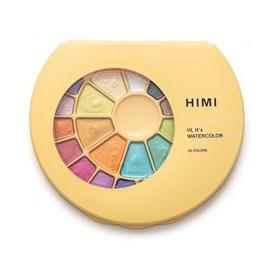 HIMI Semi-Moist Watercolour Set, 24 Colours in Pans, Brush, Yellow Case Metallic Edition, Softer Than Dry, Wake Up with Splash of Water, Easy to Mix, Paint Brush, Art Set Supplies, Gift, Beginner HIMI Semi-Moist Watercolour Set, 24 Colours in Pans, Brush, Yellow Case Metallic Edition, Softer Than Dry, Wake Up with Splash of Water, Easy to Mix, Paint Brush, Art Set Supplies, Gift, Beginner