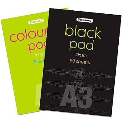 Stephens A3 Bundle: Colored Pad (20 Sheets) and Black Pad (50 Sheets) for Sketching, Art, Craft Supplies, Home, School, Children, Presentation, Craft Box, Messy Play Stephens A3 Bundle: Colored Pad (20 Sheets) and Black Pad (50 Sheets) for Sketching, Art, Craft Supplies, Home, School, Children, Presentation, Craft Box, Messy Play