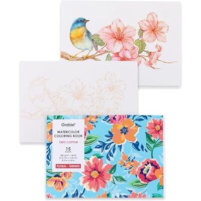 Grabie Watercolor Colouring Book, 15 A5 Cotton Sheets, Flower Themed 100% Cotton Watercolour, Paper Great for Painting, Portable A5 Art Book For Artists & Beginners, Smooth Paper for Blending Grabie Watercolor Colouring Book, 15 A5 Cotton Sheets, Flower Themed 100% Cotton Watercolour, Paper Great for Painting, Portable A5 Art Book For Artists & Beginners, Smooth Paper for Blending