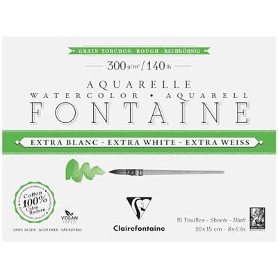 Clairefontaine 976078C Fontaine Extra White Torchon Grain 4-Sided Glued Pad 15x20cm 300g 15 Sheets of Extra White 100% Cotton Watercolour Paper Quality Clairefontaine 976078C Fontaine Extra White Torchon Grain 4-Sided Glued Pad 15x20cm 300g 15 Sheets of Extra White 100% Cotton Watercolour Paper Quality